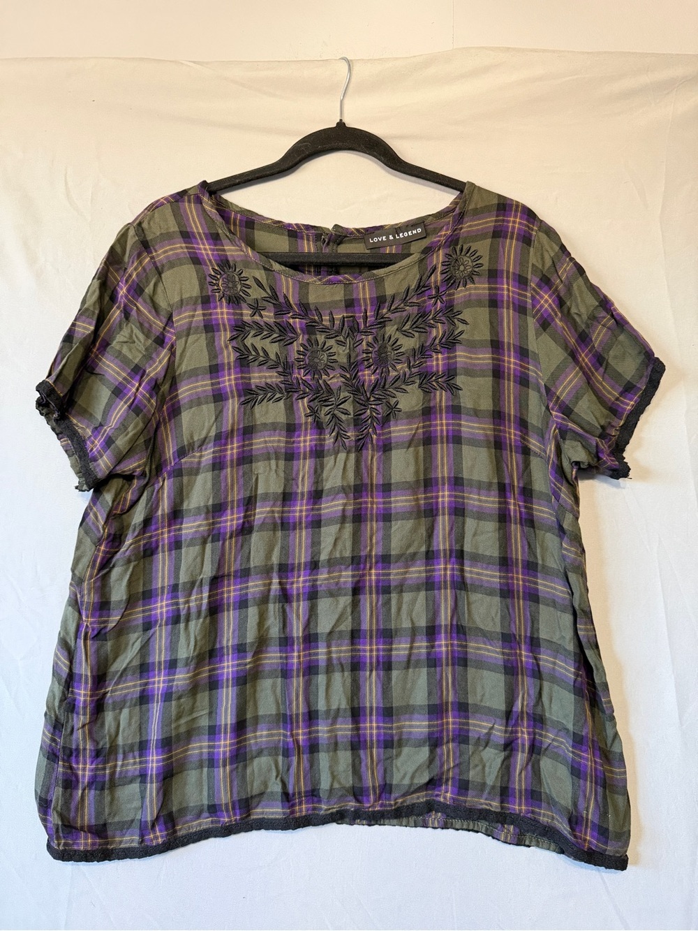 Love & Legend Womens Plaid Top M/L Cottagecore Floral Embroidery Lace Trim READ